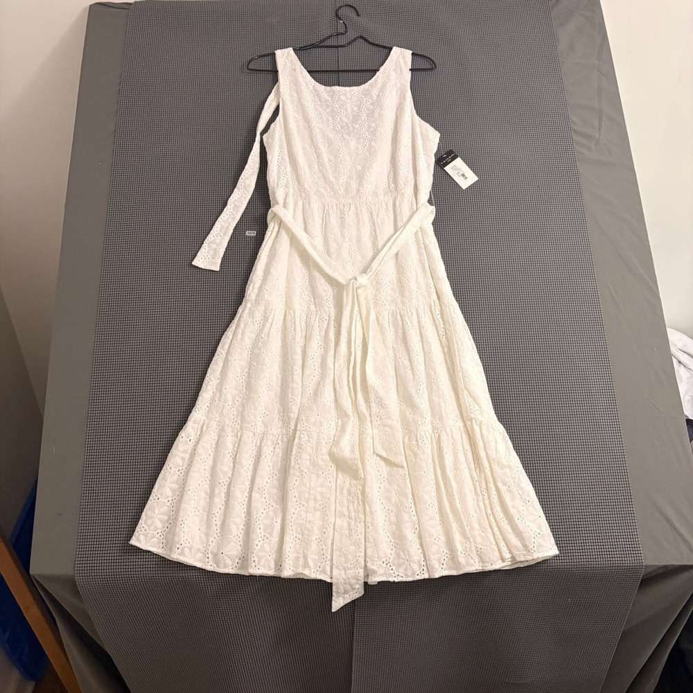 Tahari ASL Ivory Cotton Eyelet Tiered Sleeveless Midi Dress 2AM076 Size 10 NWT